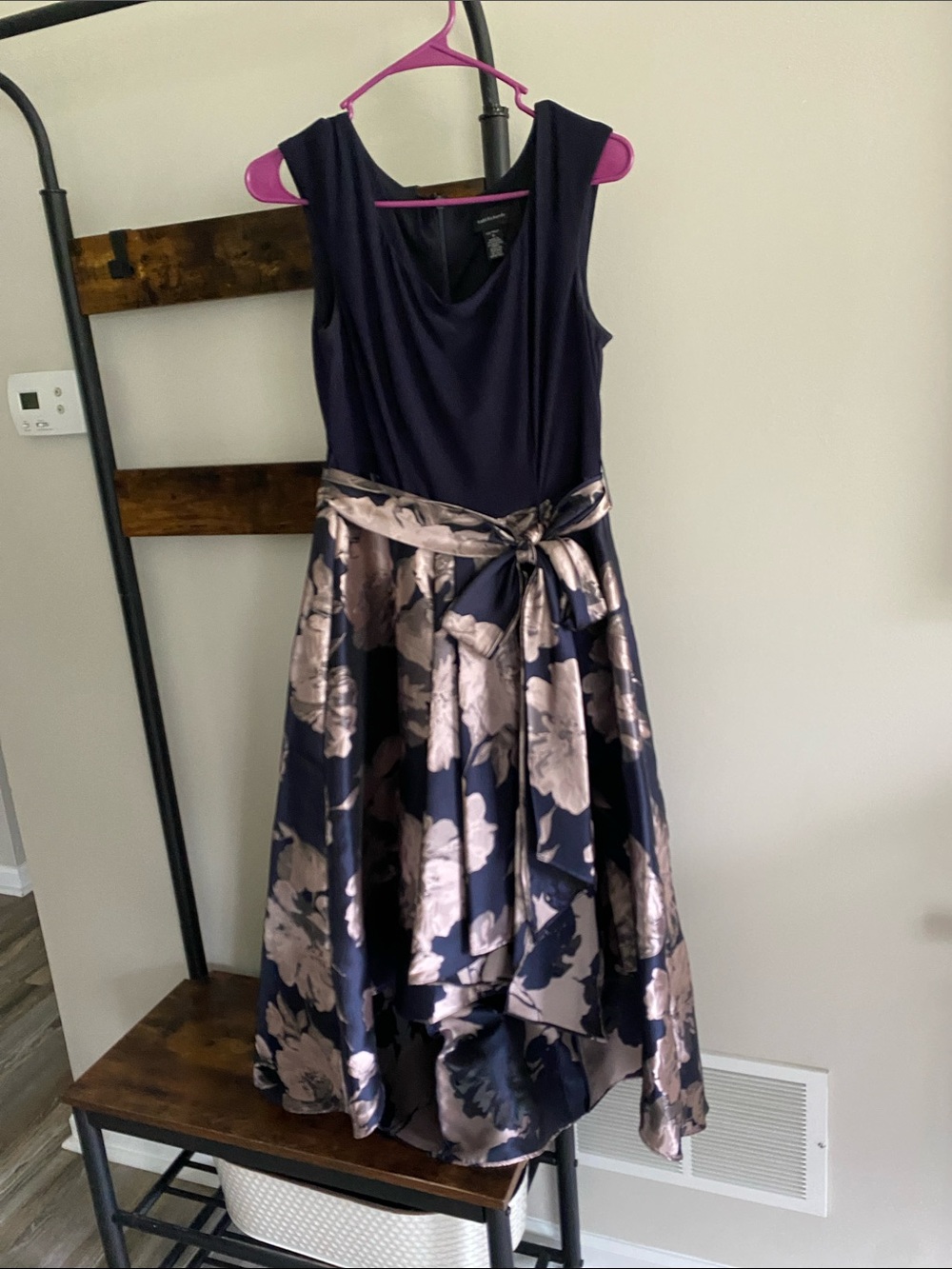 R & M Richards Navy and Beige Floral High-Low Dress with Sash